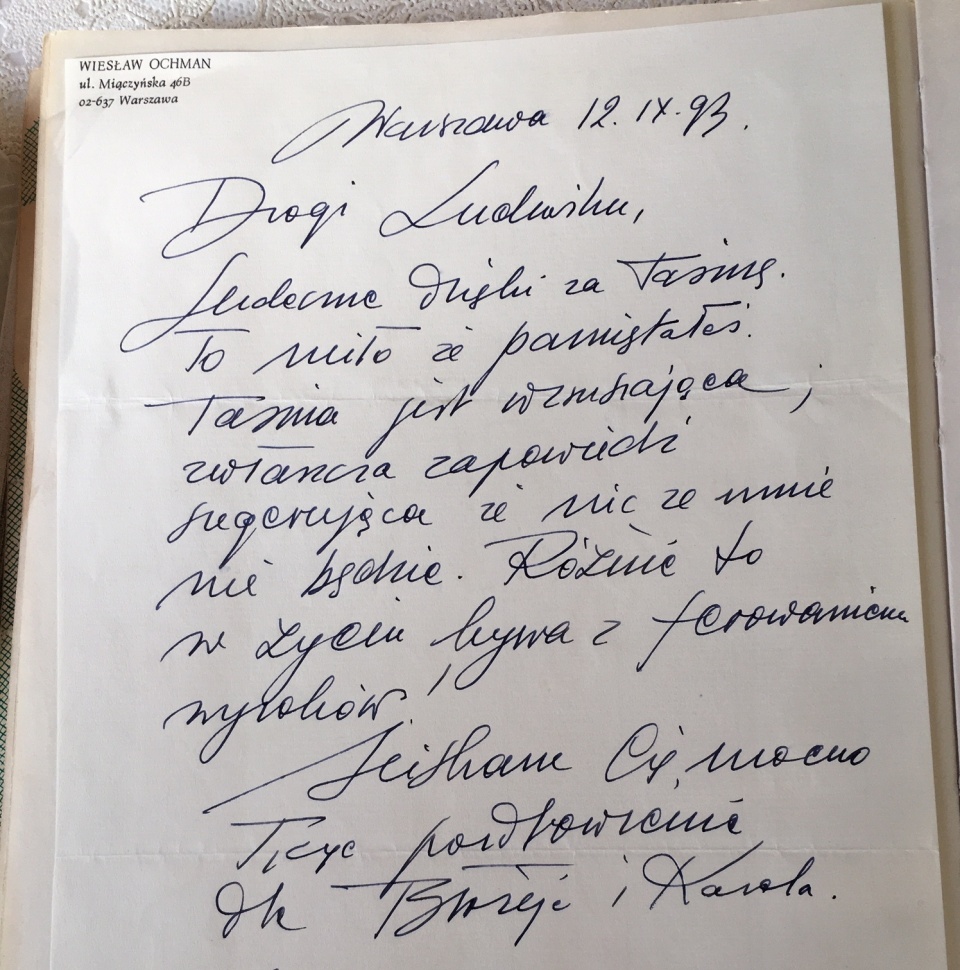 List od słynnego tenora, Wiesława Ochmana. Z księgi pamiątkowej Ludwika Zdanowskiego