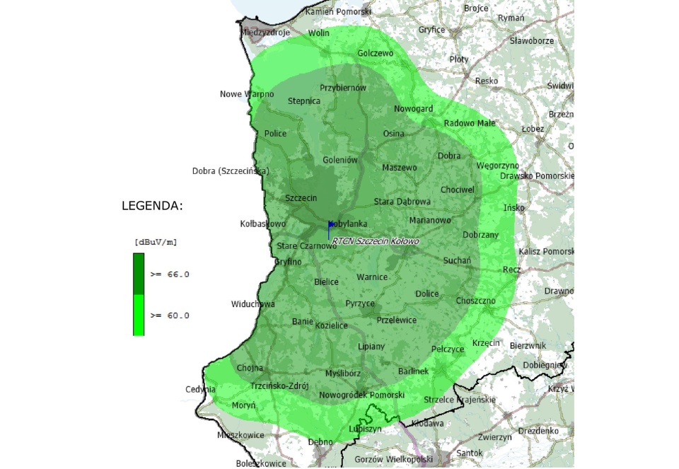 Rozkład natężenia pola dla emsji DAB+ k.11A w lok. Szczecin Kołowo