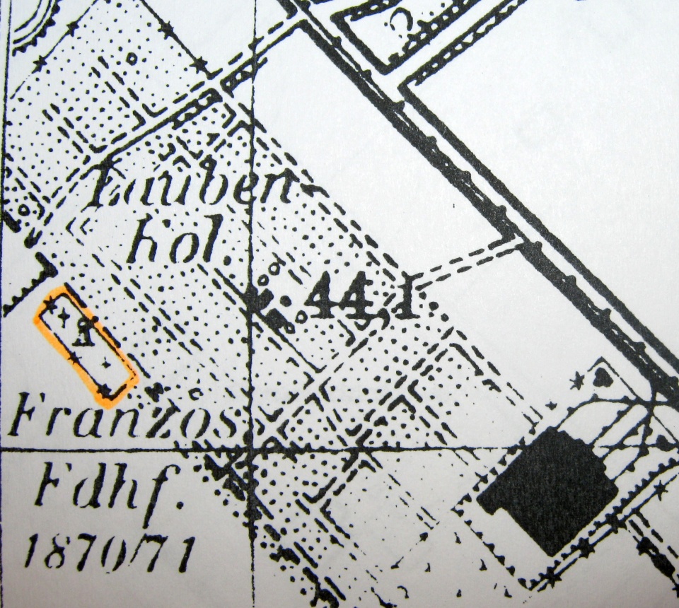 Cmentarz jeńców francuskich przy ul. Litewskiej - fragment z mapy 1938 r. Źródło - Grecki H., Cmentarze Szczecina - karty cmentarzy wykonane na zlecenie Biura Dokumentacji Zabytków i Wojewódzkiego Konserwatora Zabytków w Szczecinie, Szczecin 1996