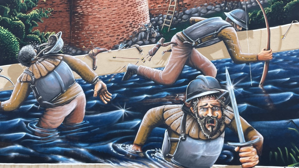 Fragment muralu przedstawiający atakujących gryficzan. Fot. Małgorzata Duda / dudowie.pl