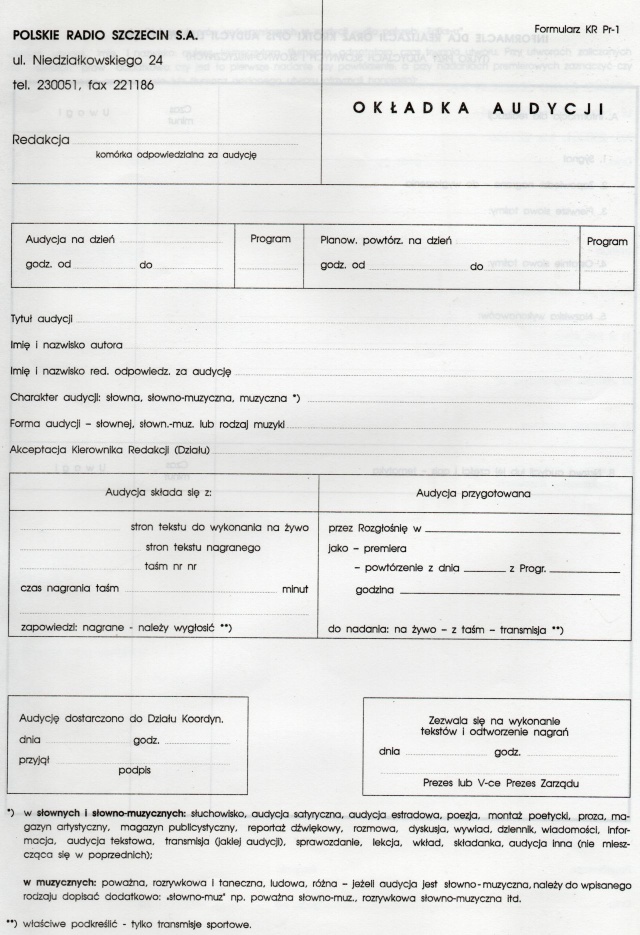 Okładka audycji, zwana "koszulką" - czyli co dziennikarz musiał wypełnić, by jego audycja znalazła się na antenie (to zaledwie 1 strona - było ich 4). Fot. Agata Rokicka [Radio Szczecin] Lata 90.