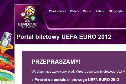 Strona internetowa UEFA, na której można zamówić bilety na Mistrzostwa Europy w piłce nożnej nie wytrzymuje obciążenia. Witryna odmawia posłuszeństwa ponieważ próbuje się na niej zalogować zbyt wiele osób.