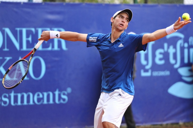 G. Andreozzi (ARG - biały) vs T. Schoorel (ARG - niebieski). Fot. Łukasz Szełemej [PR Szczecin] Pekao Open: Panfil pokonał Niemca [DUŻO ZDJĘĆ]
