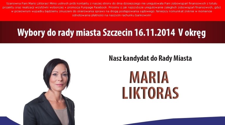 Na stronie internetowej marialiktoras.pl ukazał się komunikat z wezwaniem do zapłaty za projekt wizytówki wyborczej. Fot. www.marialiktoras.pl