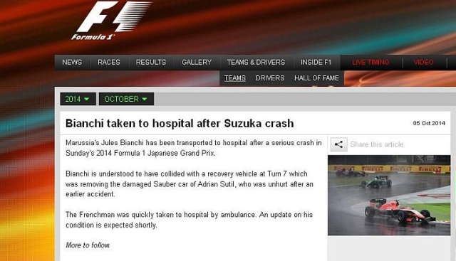 Francuski kierowca Jules Bianchi walczy o życie po wypadku w trakcie wyścigu Formuły 1 o Grand Prix Japonii na torze Suzuka.
