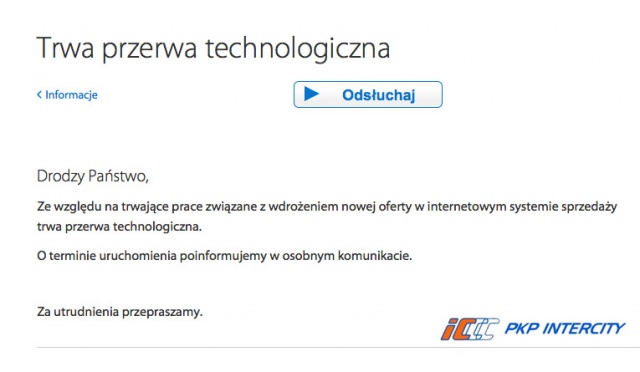 PKP Intercity walczy z awarią elektronicznego systemu sprzedaży biletów. Strona dedykowana pasażerom nie działa od sobotniej nocy. Wtedy spółka wprowadziła przedsprzedaż biletów na nowoczesne pociągi Pendolino.
