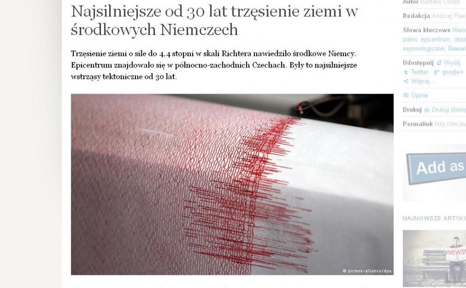 Najsilniejsze od trzydziestu lat trzęsienie ziemi w środkowych Niemczech. Fot. www.dw.de