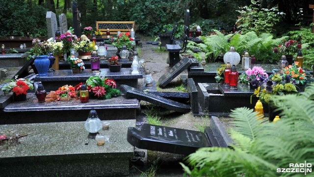 Groby na Cmentarzu Centralnym w Szczecinie zdewastowane. Fot. Łukasz Szełemej [Radio Szczecin] Wandalizm na Cmentarzu Centralnym [ZDJĘCIA]
