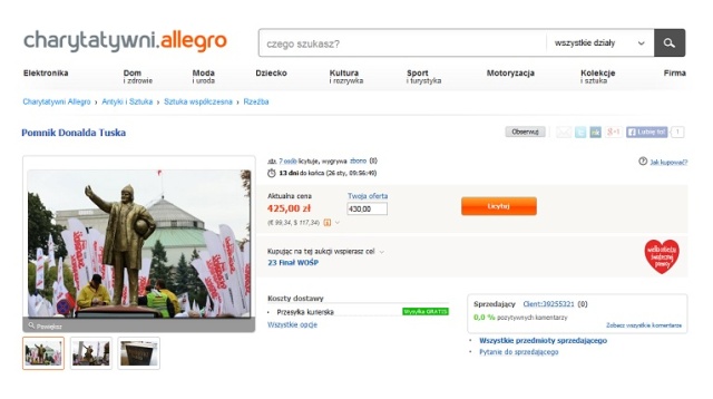 Związkowcy z NSZZ Solidarność wystawili na sprzedaż pozłacaną figurę byłego premiera, którą pokazali podczas akcji protestacyjnych między innymi w Szczecinie. Na razie jednak internetowa aukcja nie cieszy się dużym powodzeniem.