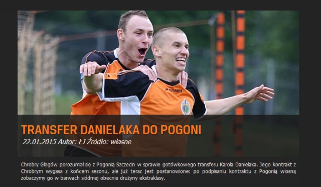 Pogoń Szczecin pozyskała kolejnego piłkarza. Jak podaje oficjalna strona internetowa Chrobrego Głogów, Karol Danielak podpisze kontrakt z portowym klubem.