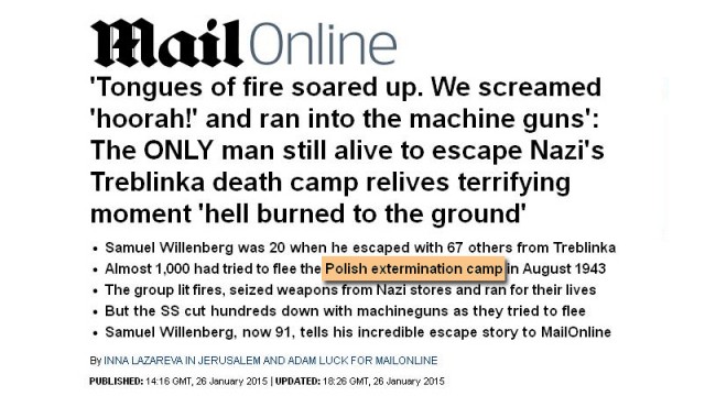 O polskim obozie zagłady pisze brytyjski Daily Mail. Tabloid pisząc o spektakularnej ucieczce więźniów z obozu zagłady w Treblince w 1943 roku, użył określenia Polish extermination camp.