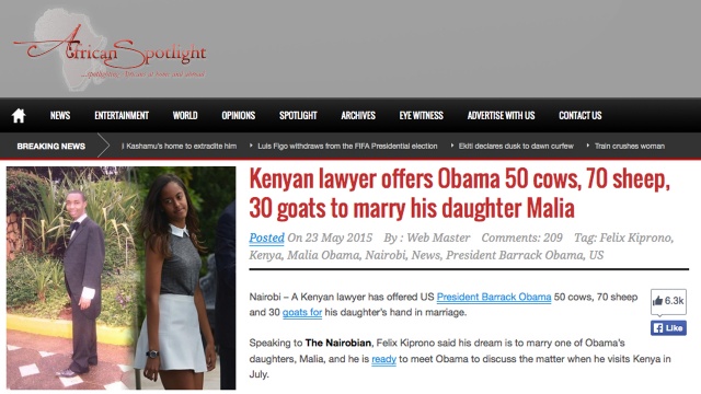 Kenijski prawnik Felix Kiprono zaoferował prezydentowi USA Barackowi Obamie 50 krów, 70 owiec i 30 kóz... za rękę jego córki, 16-letniej Malii - informuje portal africanspotlight.com - cytuje go Rzeczpospolita.