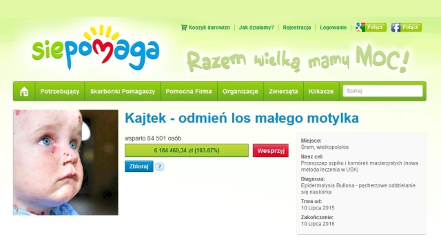 Ponad sześć milionów złotych w sześć dni zebrała rodzina małego Kajtka, który potrzebuje kosztownej operacji: przeszczepu szpiku i komórek macierzystych. Jest to nowa metoda leczenia w USA.