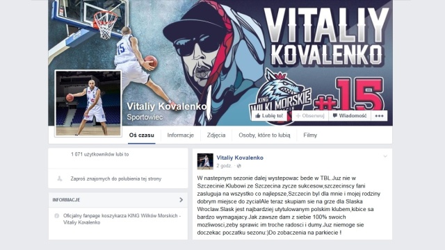 Były już koszykarz King Wilków Morskich Szczecin Vitalij Kovalenko od nowego sezonu będzie reprezentował barwy siedemnastokrotnego Mistrza Polski.