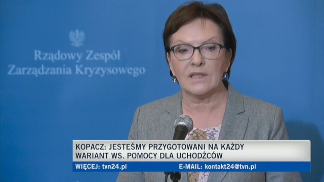 Polska w tej chwili jest w stanie przyjąć dwa tysiące uchodźców - mówiła premier Ewa Kopacz po zakończeniu spotkania Rządowego Zespołu Zarządzania Kryzysowego.