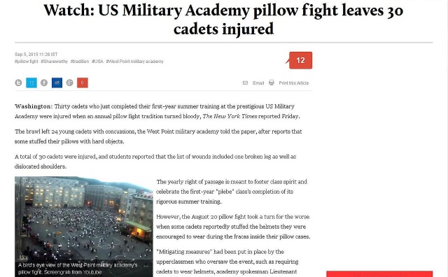 Krwawa bitwa na poduszki w Akademii Wojskowej West Point. 30 osób zostało rannych. Taka zabawa to już tradycja - co roku studenci pierwszego roku na terenie kampusu odreagowują w ten sposób rok ciężkiego treningu.