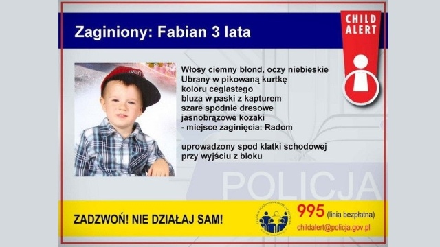 Chłopiec został uprowadzony we wtorek rano sprzed klatki schodowej bloku w Radomiu. Według informacji policji dziecko porwało trzech zamaskowanych mężczyzn. Policja uruchomiła Child Alert.