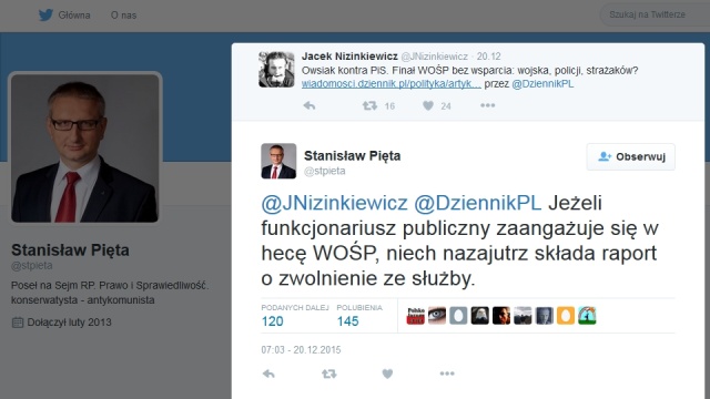Mundurowi nie będą karani za udział w Wielkiej Orkiestrze Świątecznej Pomocy, zapewnił wiceminister spraw wewnętrznych Jarosław Zieliński. To odpowiedź na dyskusję, jaką wywołał internetowy wpis jednego z polityków Prawa i Sprawiedliwości.