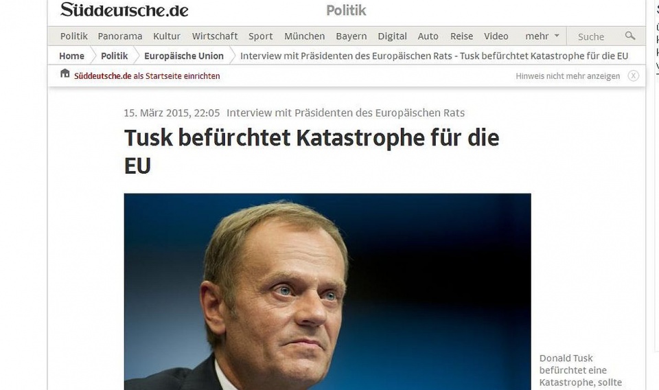 Donald Tusk zapowiedział w poniedziałkowym wywiadzie dla "Süddeutsche Zeitung", że będzie zabiegał o przedłużenie sankcji Unii Europejskiej wobec Rosji - podaje tvn 24. Fot. www.sueddeutsche.de