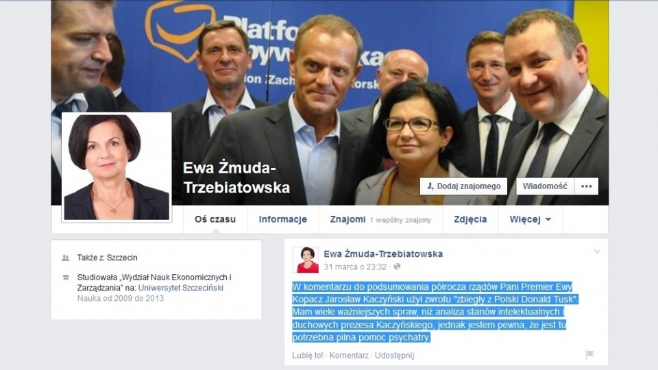 Profil Ewy Żmudy-Trzebiatowskiej na Facebooku. Fot. www.facebook.com/ewa.zmudatrzebiatowska.5