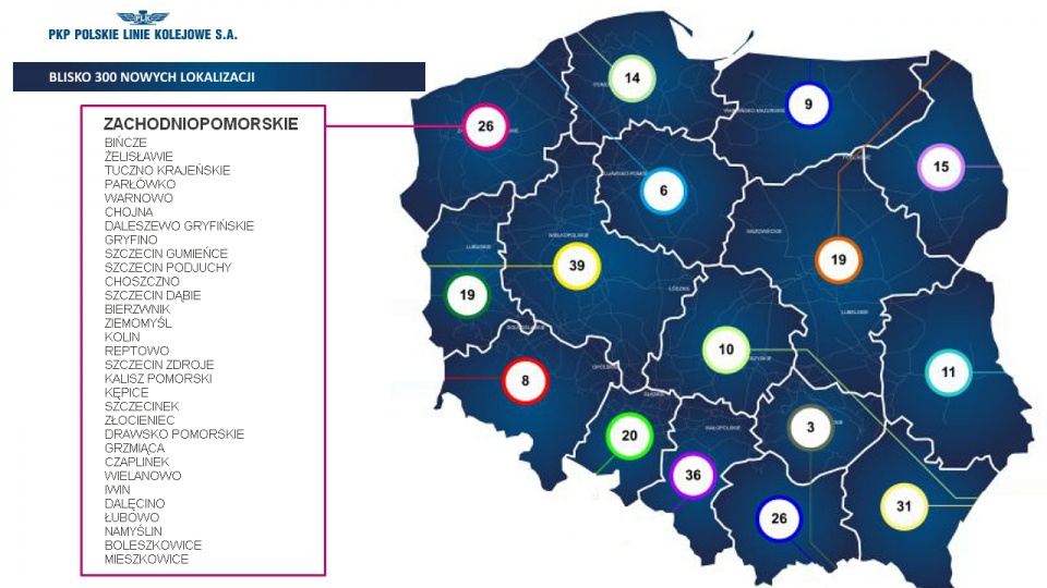 Lista stacji, na których zostaną postawione stojaki. Mat. PKP
