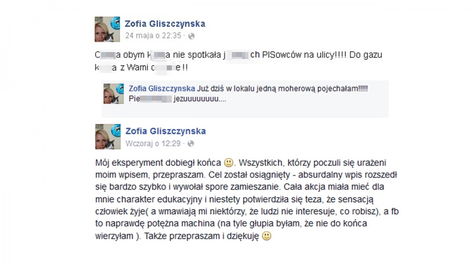 Wylgarne wpisy na profilu Facebookowym szefowej działu programu szczecińskiego Domu Kultury 13 Muz, Zofii Gliszczyńskiej. Fot. www.facebook.com/zofia.gliszczynska / słuchacz