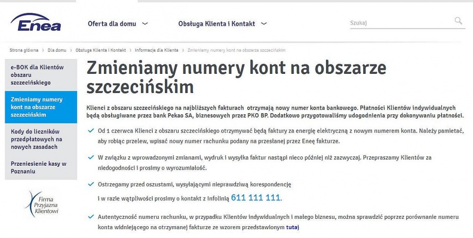 Dostawca energii elektrycznej - firma Enea - zmienia numer konta bankowego. Fot. www.enea.pl