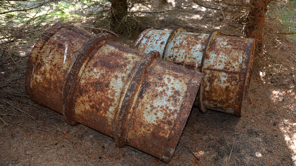 Dziesięć beczek z nieznaną, drażniącą substancją chemiczną odkryła pod koniec czerwca grupa saperska podczas rozminowywania terenu Nadleśnictwa Borne Sulinowo. Fot. Nadleśnictwo Borne Sulinowo