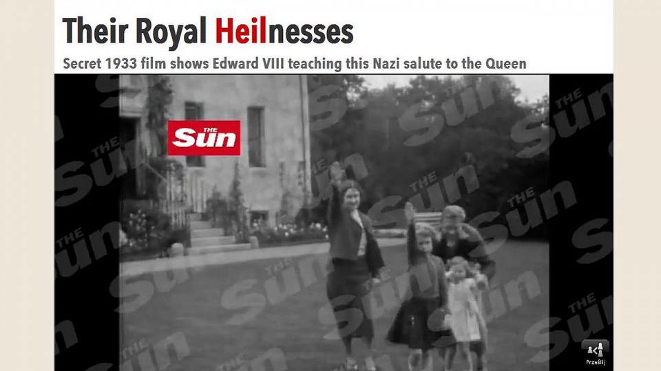 Film ukazujący mniej więcej 7-letnią monarchinię "hajlującą" w stronę matki opublikował w sobotę tabloid "The Sun". Fot. www.thesun.co.uk