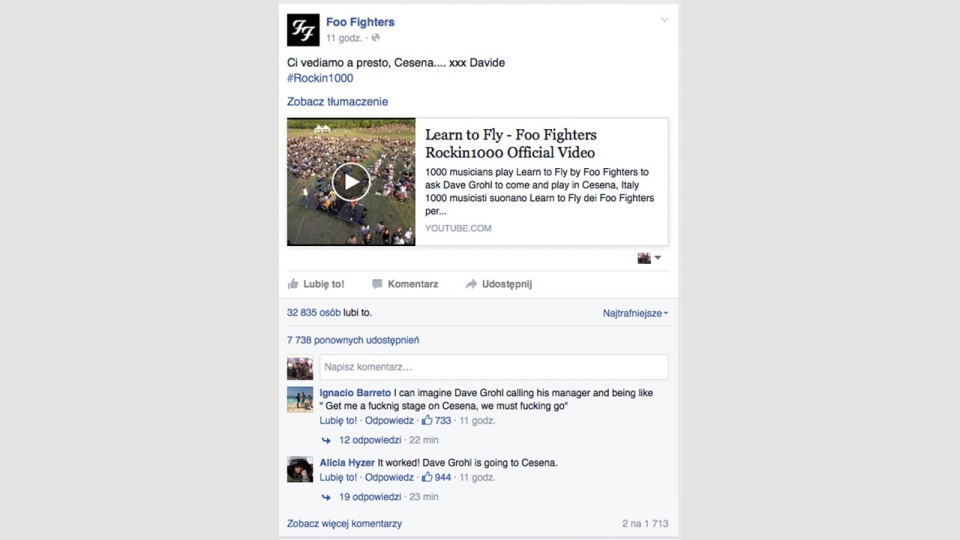 Tysiąc osób wykonało wspólnie utwór "Learn to Fly" z repertuaru Foo Figters Źródło. Facebook