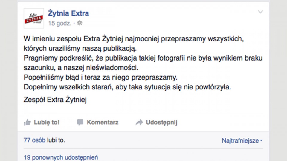 Post już zniknął - są przeprosiny. Fot. Facebook