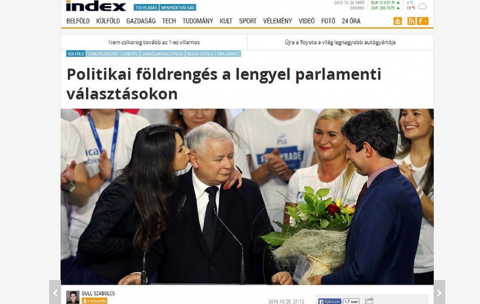 Komentator portalu Index Szabolcs Dull uważa, że prezydent Węgier Victor Orban może się cieszyć, bo Beata Szydło stworzy teraz rząd bardzo podobny do jego. Fot. index.hu/kulfold/2015/10/25