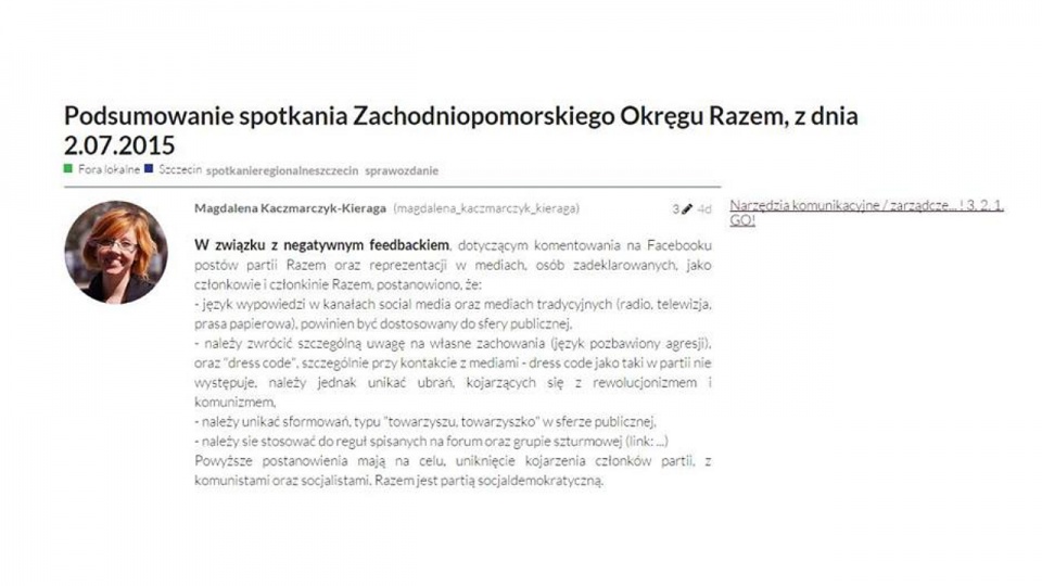 Dżus dodaje, że to była profilaktyka, a działacze nie zamierzali występować publicznie w koszulkach z motywami komunistycznymi. Nie zwracają się do siebie per "towarzyszu". Fot. Forum Partii Razem
