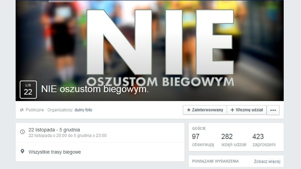 Wydarzenie "Nie oszustom biegowym" na Facebooku. Fot. Facebook