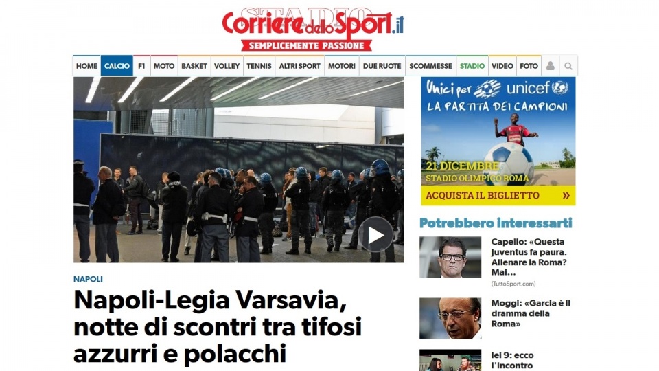 Krwawe bójki pseudokibiców Legii Warszawa i SSC Napoli we Włoszech. Fot. www.corrieredellosport.it