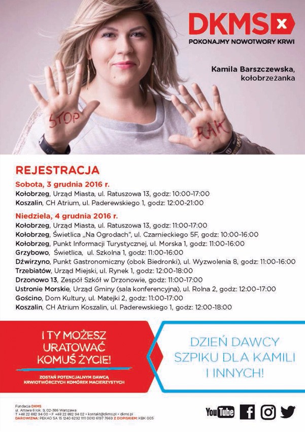 Kołobrzeg poszukuje potencjalnych dawców komórek macierzystych krwi i szpiku dla Kamili Barszczewskiej. 34-letnia mieszkanka Grzybowa od sierpnia zmaga się z chłoniakiem.