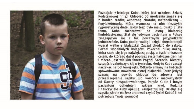 Dla 7-letniego Kuby to jedyny ratunek. Rodzina i przyjaciele organizują dla niego i innych chorych, akcję rejestracji potencjalnych dawców szpiku.