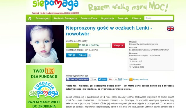 Po udanej zbiórce na rzecz walczącego z nowotworem oczu Piotrusia, o pomoc apelują rodzice półtorarocznej Lenki z Przybiernowa. Dziewczynka również cierpi na siatkówczaka. Jest pod opieką lekarzy w warszawskim szpitalu.