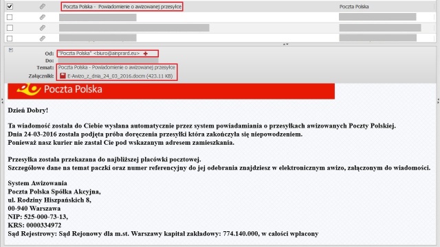 Oszuści podszywają się pod Pocztę Polską i rozsyłają maile z wirusami - ostrzega spółka.