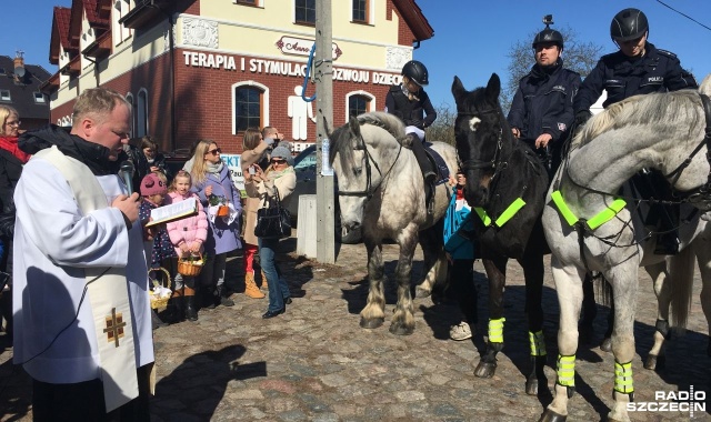 Do parafii na szczecińskim Osowie z wielkanocnym pokarmem przyjechało 12 koni - z zachodniopomorskiej policji oraz z Akademickiego Ośrodka Jeździeckiego w Szczecinie.
