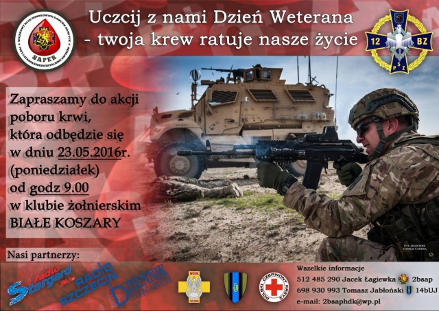 Żołnierze przeleją krew. Akcję pod hasłem Uczcij z nami dzień weterana, Twoja krew ratuje nasze życie przeprowadzą wojskowi z 12 Brygady Zmechanizowanej w Stargardzie.
