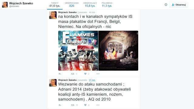 Terroryści od dawna wzywali do ataków samochodami - pisze na Twitterze Wojciech Szewko, ekspert ds. bezpieczeństwa międzynarodowego. Przypomina wypowiedzi Adnaniego, rzecznika Państwa Islamskiego, który w 2014 r. nawoływał,by atakować kamieniem, nożem i samochodem. Od 2010 r. do przeprowadzania takich zamachów nawoływała Al-Kaida.