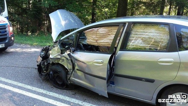 Motocyklista uderzył w samochód osobowy, następnie przekoziołkował i uderzył w drzewo. Do wypadku doszło w niedzielę po południu na drodze wojewódzkiej nr 205, między miejscowościami Polanów i Krąg.