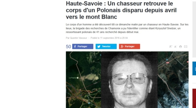 Na zwłoki 41-letniego Krzysztofa Snezlera niedaleko Chamonix, na wysokości 1400 metrów nad poziomem morza natknął się myśliwy. Ciało alpinisty było przykryte kamieniami.