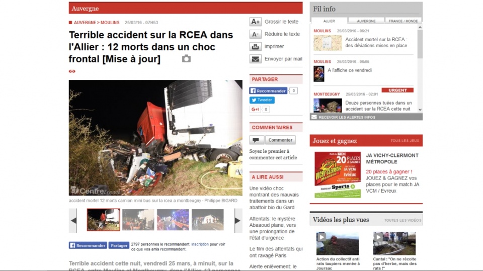 Informacja o wypadku w wydaniu internetowym dziennika "La Montagne". Fot. www.lamontagne.fr