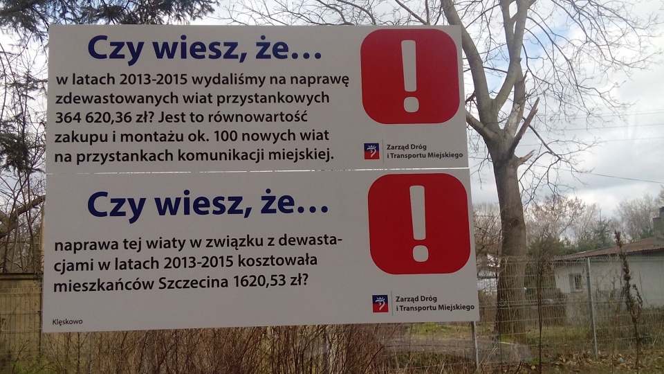 W 300 miejscach przyklejają kartki z informacją o wysokich kosztach napraw rozbitych szyb czy połamanych ławek. Fot. ZDiTM