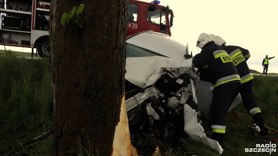 Na tej samej trasie kilkanaście kilometrów dalej w stronę Szczecina w Rymaniu samochód osobowy uderzył w drzewo. Kierujący autem został ranny. Fot. Adam Wójcik [Radio Szczecin]