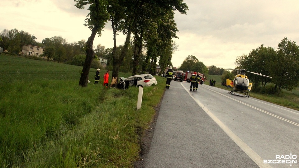 Na tej samej trasie kilkanaście kilometrów dalej w stronę Szczecina w Rymaniu samochód osobowy uderzył w drzewo. Kierujący autem został ranny. Fot. Adam Wójcik [Radio Szczecin]