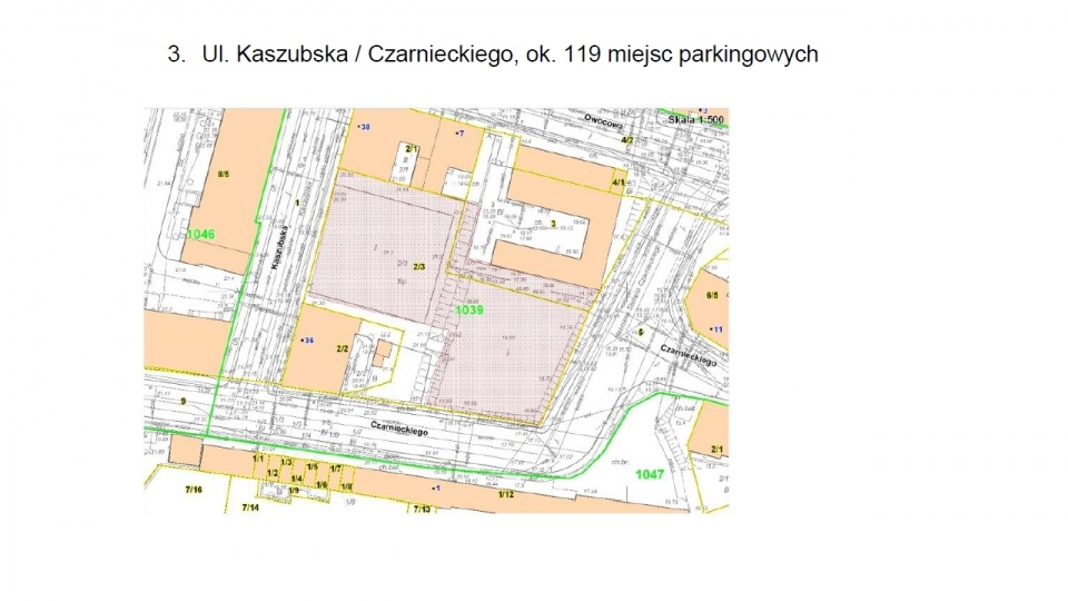 Wytypowane lokalizacje PPPN: 3. Ul. Kaszubska / Czarnieckiego, ok. 119 miejsc parkingowych. Mat. NiOL