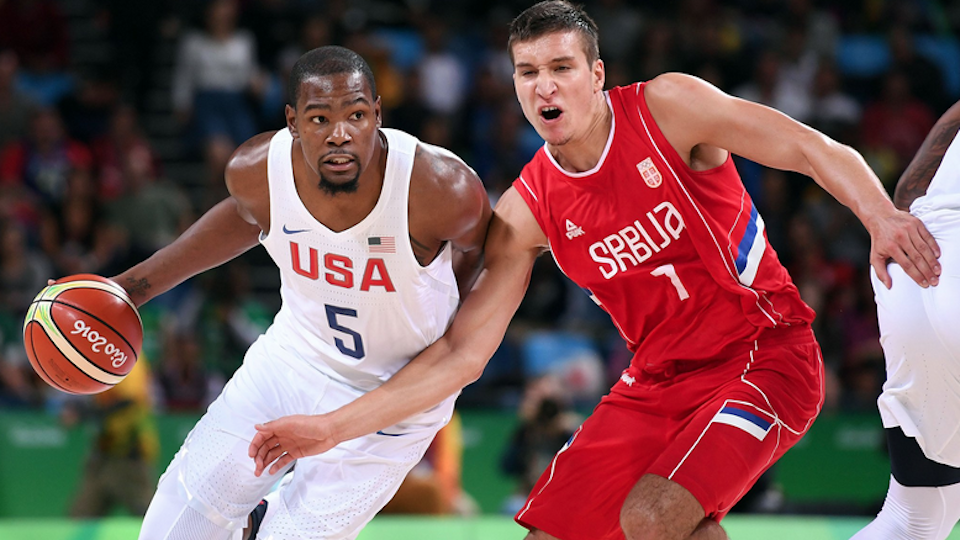 Kevin Durant podczas meczu USA - Serbia 94:91. Fot. FIBA Twitter